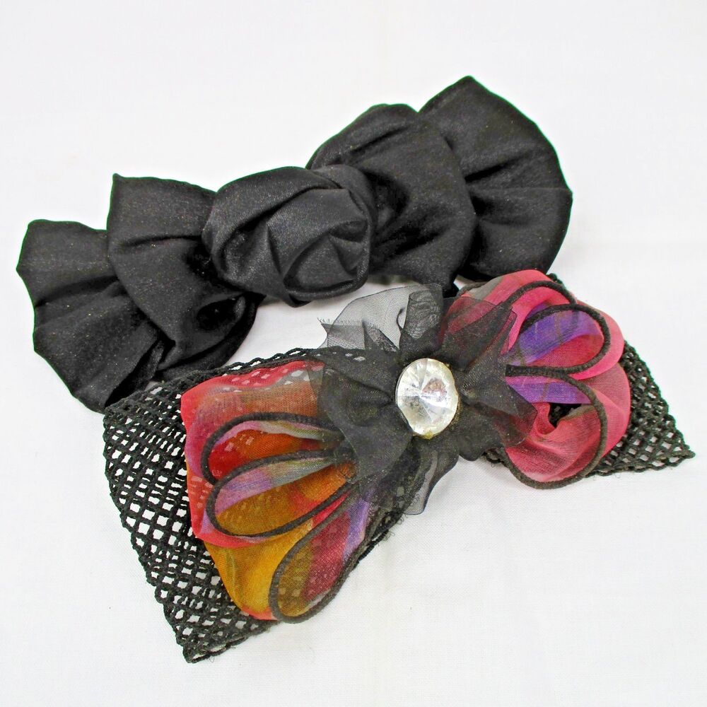 2 Vintage 80s 90s Big Hair Bows Black Fishnet Bling Ribbon Barrette Clip